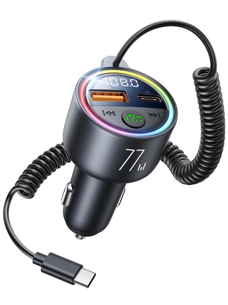 77W Bluetooth 5.4 FM Transmitter Car Adapter [PD3.0 65W+12W Fast Charging] Bluetooth Car Adapter [Deep Bass&Lossless Call Sound] Radio Bluetooth Transmitter for Car HiFi Mic & Colors LED Display