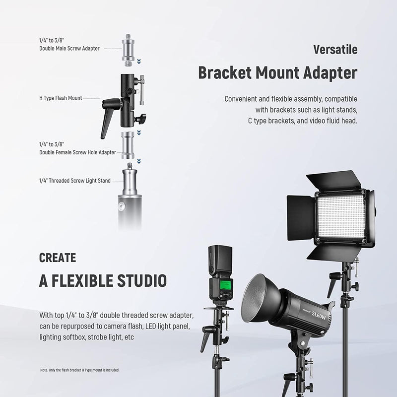NEEWER Camera Flash Bracket H Type Mount with Umbrella Softbox Holder, 180° Swivel Adjustable Metal Light Stand Adapter with 1/4" to 3/8" Screw Adapter for Speedlite LED Light Stand Tripod (2 Pack) FB-1(2-Pack）