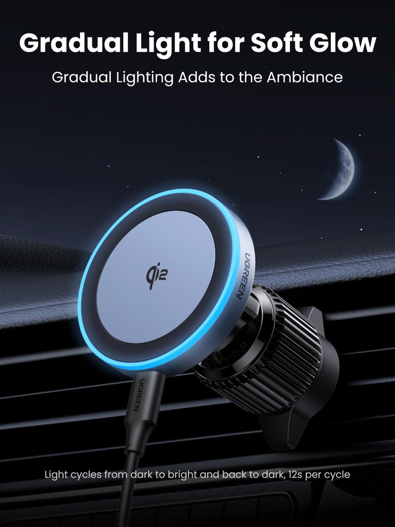 UGREEN Qi2 Wireless Car Charger, 15W Fast Charging Strong Magnetic Car Phone Holder with LED Light for iPhone 17/16/15/14/13/12 Series Car Accessories