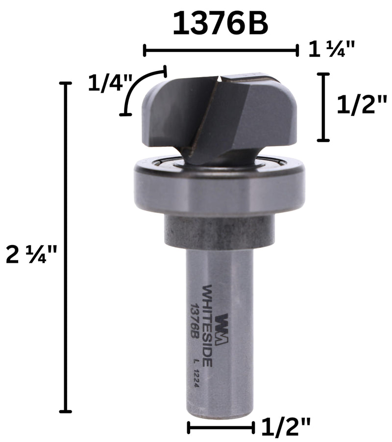 Whiteside 1376B Bowl & Tray Form Router Bit: 1-1/4 Inch Cutting Diameter, 1/2 Inch Shank, 1/2 Inch Cutting Length, 1/4 Inch Radius, Includes Bearing for Pattern Template Routing