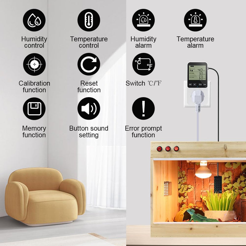 KETOTEK Humidity Controller/Temperature Controller Socket 230V with Sensor, Digital Hygrostat Humidity Controller, Humidity Controller with Alarm for Humidifier Dehumidifier Mushroom Terrarium
