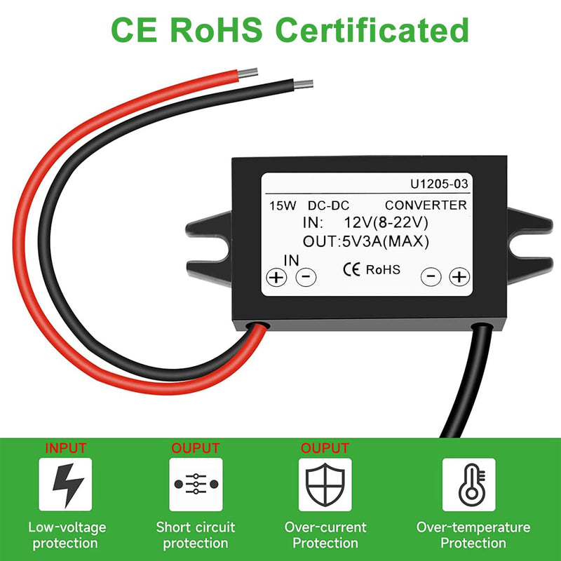 Greluma 1 Piece Waterproof 12V to 5V 3A Converter, Type C USB C DC-DC Step-Down Module Power Supply Compatible with Raspberry Pi 4, Mobile Phone, Car