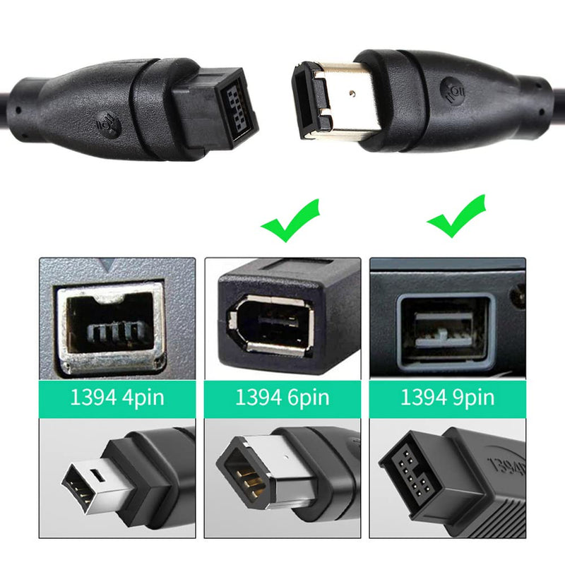 CY IEEE 1394 Firewire 800 9-pin to 6-pin Cable FireWire 800 to 400 9p to 6p Capture Cord 1.8m Black 9Pin Male-6Pin Male