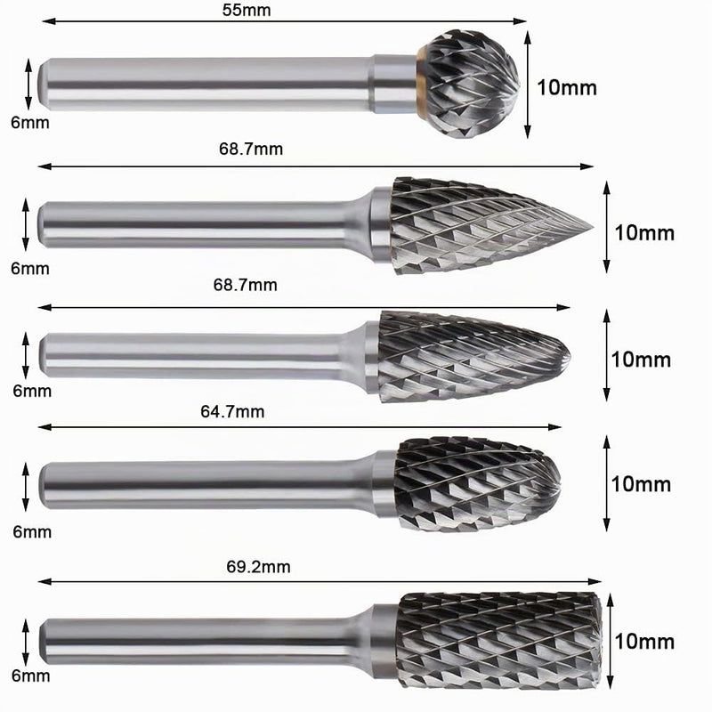 ASNOMY Tungsten Carbide Cutter - 5 Piece Rasp Set 10 mm Carbide Rotary Milling Set Burr for Cutting Grinder, Metal Carving, Polishing, Engraving, Drilling with 6 mm Shank Milling Bit Set 5 x 1/4" Shank Carbide Rotary Burr