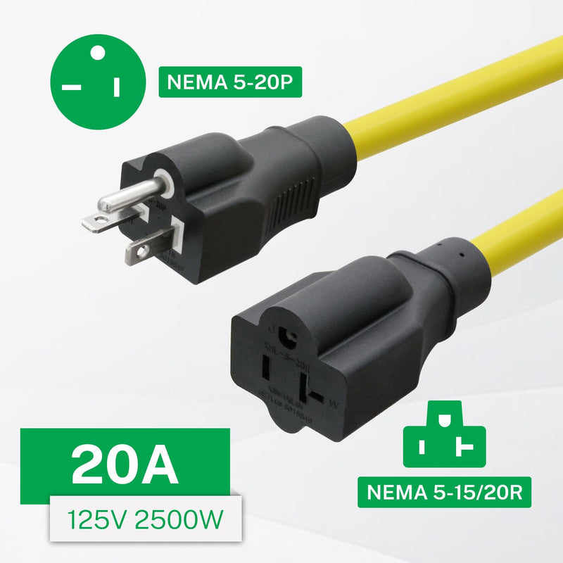 FIRMERST 20 Amp 12 Gauge 50 Feet 125 Volt Outdoor Extension Cord NEMA 5-20P to 5-15/20R (T-Blade Outlet)
