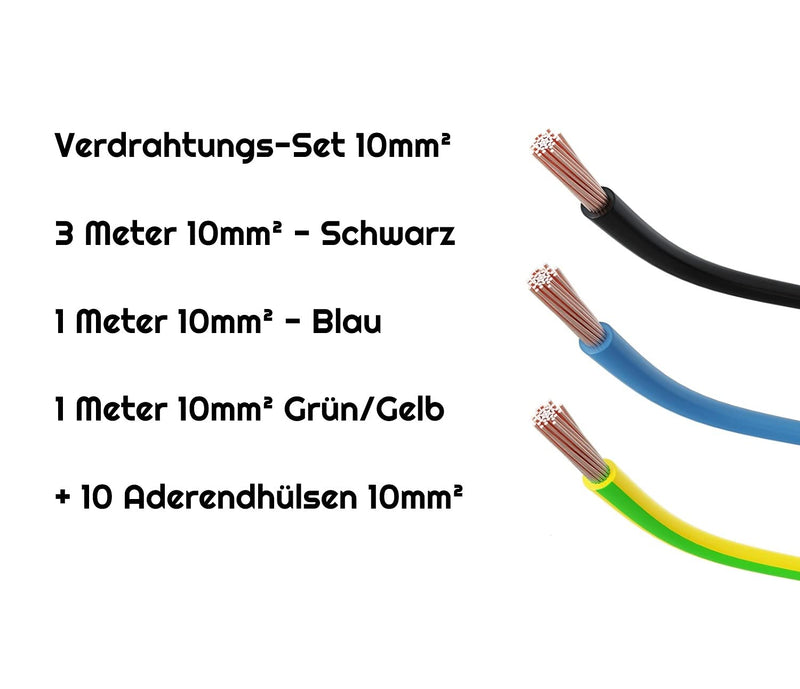 CusoTec wiring cable set 10mm² single core wire cable wiring bridges for meter space black 3m / blue 1m / green-yellow 1m + 10 wire end sleeves