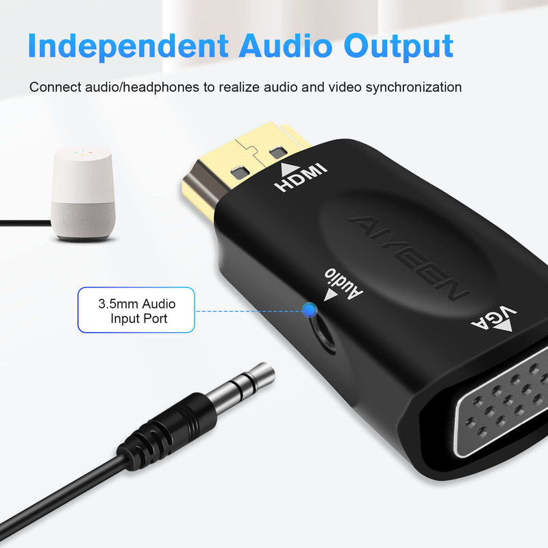 HDMI to VGA Adapter, 1080p HDMI Male to VGA Female Adapter with 3.5mm Audio Jack Cable Compatible with Monitor, Laptop,Computer, Projector, HDTV, Chromebook and More (Black) Black