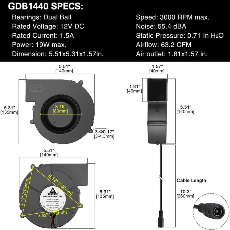 GDSTIME 140mm x 40mm Variable Speed Blower Fan, 110V 120V 220V AC Powered 5.5 inch Squirrel Cage Radial Centrifugal Fan with 5 to 12v DC Speed Control Dual Ball Bearing High Speed 140x40mm