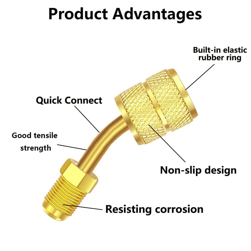 4PCS R410a Charging Vacuum Port Adapter Brass Converter With 5/16 Inch Female Quick Coupler to 1/4 Inch Male Flare for Air Conditioners HVAC 2 Straight Adapter 2 Angled Adapter