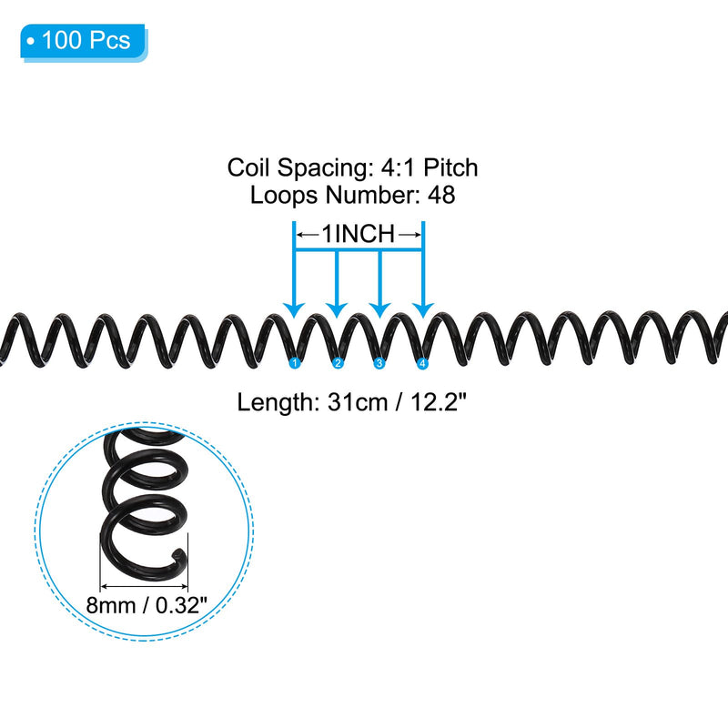 PATIKIL 8mm(5/16") Plastic Spiral Binding Coils, 100 Pcs Binding Spirals 40 Sheet Capacity 4:1 Pitch Binding Spirals for Binding Paper Sheets, Black 8mm(5/16")