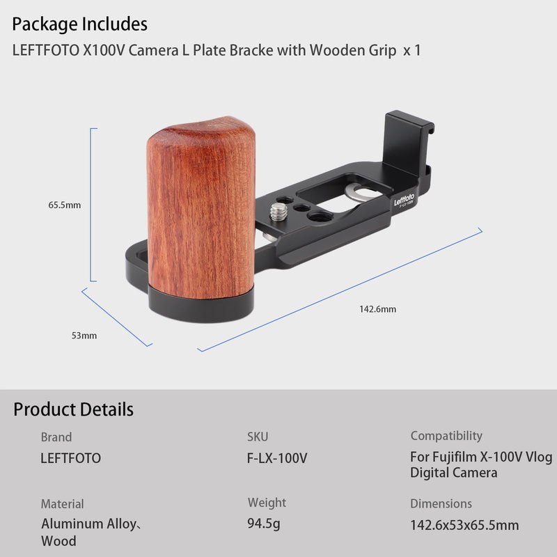 Leftfoto X100V Camera Handgrip L Plate Bracke with Wooden Grip for Fujifilm X-100V Vlog Digital Camera,with Arca Swiss Type Bottom Plate and Cold Shoe