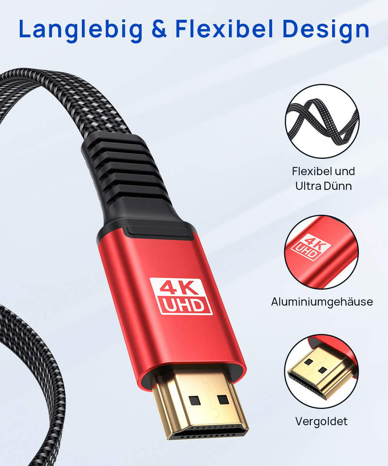 JSAUX 4K HDMI Cable 3Meter [4K@60Hz,HDMI 2.0,18Gbps] 4K Flat HDMI 2.0 Cable High Speed 3M HDMI Nylon Braided Cable Support 4K 3D HDR UHD 2160p 1080p Ethernet ARC PS3/4 TV PC Red 1 piece
