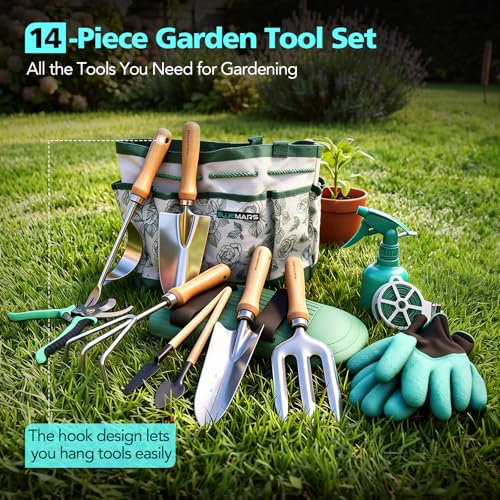 Bluemars Gardening Hand Tool Kit 14PCS Heavy Duty Stainless Steel Garden Tool Set with Floral Garden Tote -Outdoor Gardening Transplanting Gifts for Woman