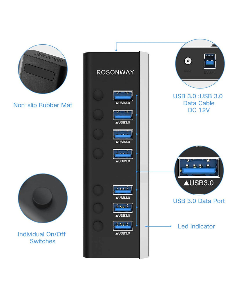 USB Hub 3.0 Powered Rosonway Aluminum 7 Ports USB 3.0 Data Hub Splitter with 24W (12V/2A) Power Adapter and Individual On/Off Switches USB Port Expander for PC and Laptop (RSH-A37S) 7-Port Powered USB 3.0 Hub