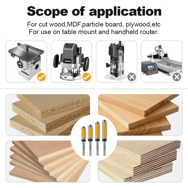 4 PCS Top and Bottom Bearing Flush Trim Router Bits Set 1/4 Inch Shank, 1/2 Inch Cutting Diameter, 3/4", 1", 1-1/4", 1-1/2" Inch Cutting Length 4 Bits Set