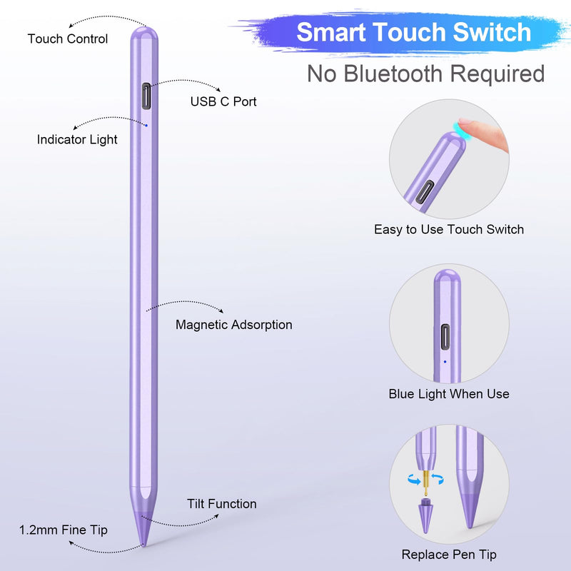 Stylus Pen for iPad 9th&10th Generation, 10Mins Fast Charge for Apple Pencil/iPad Pen, Compatible with iPad 10th/9th/8th/7th/6th Generation/Pro 11/12.9 inch/Air 5/4/3Gen/Mini 6/5, Purple
