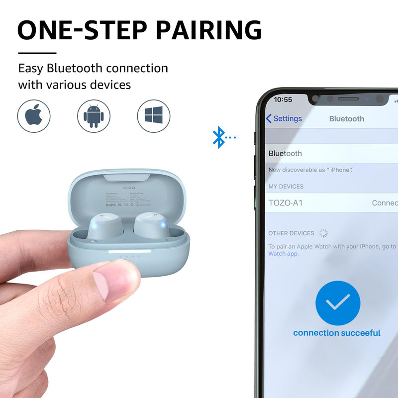 TOZO A1 Wireless Earbuds Bluetooth 5.3 Light-Weight in Ear IPX5 Waterproof Headphones 2 Mic for AI Calls, Immersive Premium Sound Bass Headset with Charging Case, 32 Presets EQ Customization via App Blue Small Classical Edition