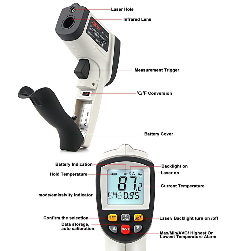 Laser infrared thermometer temperature gun for measuring high temperatures -50°C ~ 950℃, data storage, max/min measurement (not for humans) -50～950℃ gray