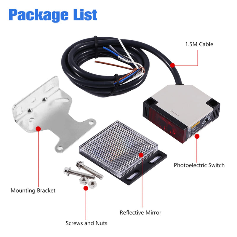 AC 90-250VAC 3A Photoelectric Sensor E3JK-R4M1 Reflective Proximity Switch Mirror Reflection Interior Wall Mounting with Reflector Plate 1.5m Cable Induction Distance 4m