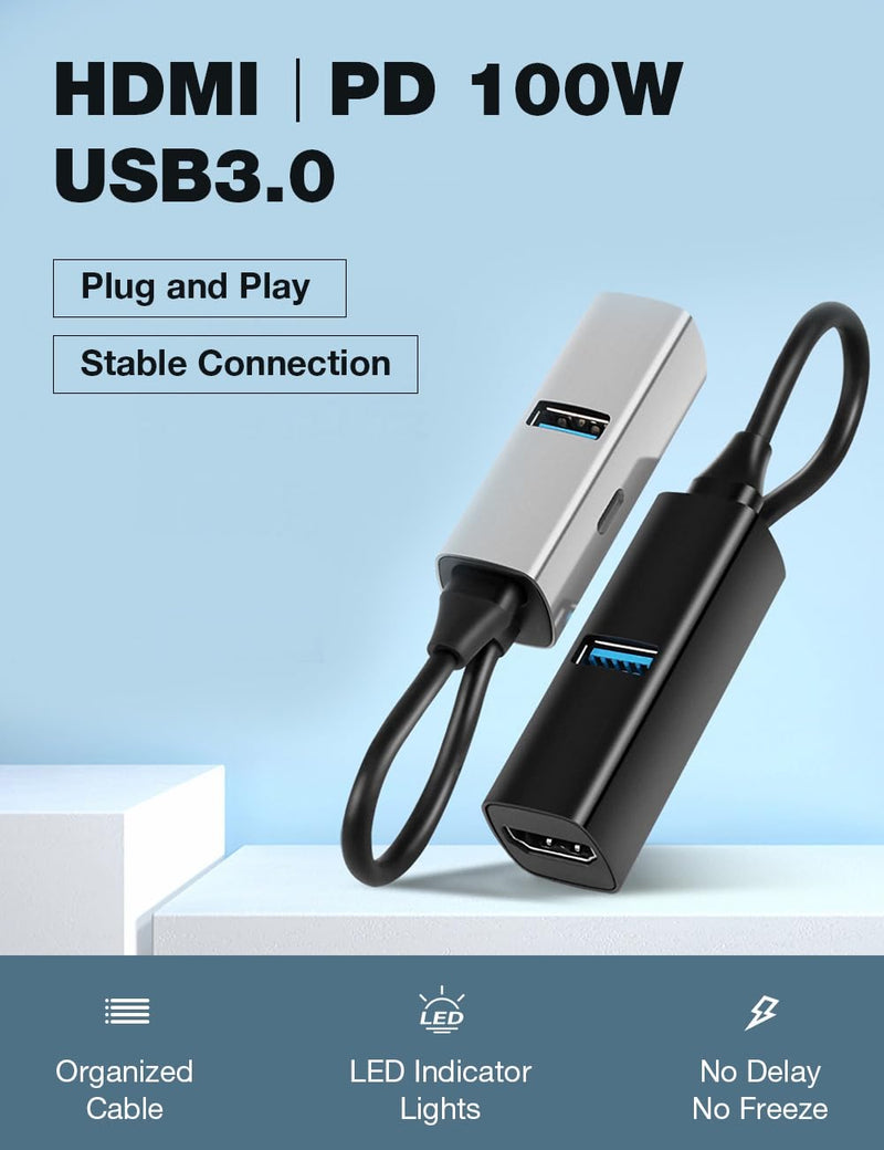 USB C Hub, 3 in 1 USB C to USB Hub with 1 HDTV, 1 USB 3.0, 1 PD 100W for MacBook Pro/Air, iPad Pro, Chromebook, XPS and More (Grey with HDTV) Grey 3 port with HDTV