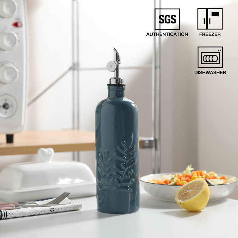 Sweejar 18 Oz Oil Dispenser for Kitchen with Gravity Spout, Ceramic Olive Oil Dispenser Bottle, Relief Opaque Vinegar Container for Evoo, Vinegar, Soy Sauce, Pack of 1(Fogblue, Silver Spout) Fog Blue 18 Oz(Silver Spout)