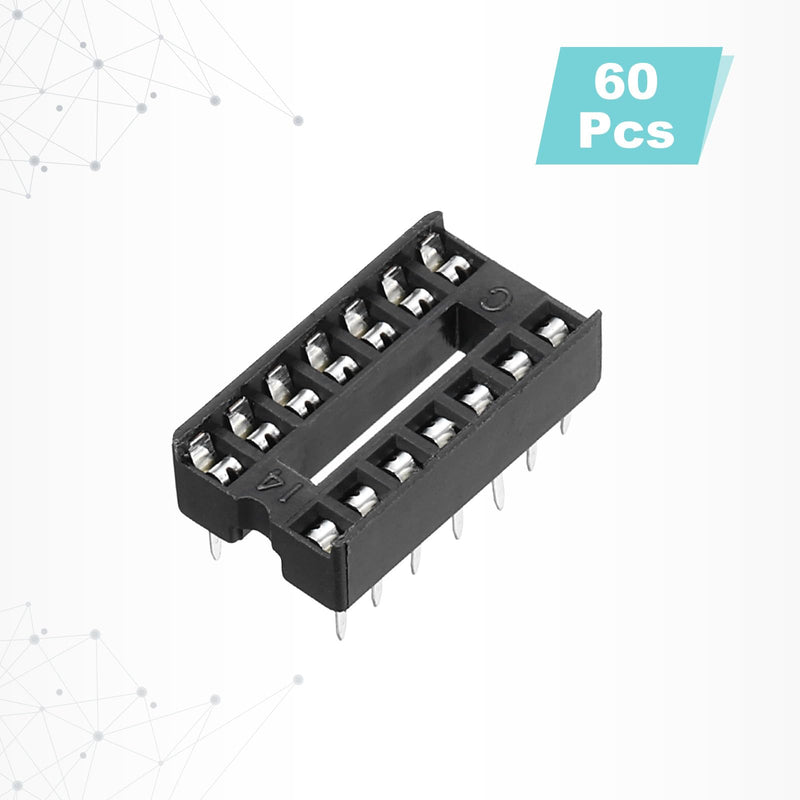 QUARKZMAN Pack of 60 DIP IC Sockets, 14-Pin Dip IC Sockets, 2.54 mm Pitch Flat Pin Chip Connector Adapter for Breadboard Project, PCB Board Design, Black 14 pin