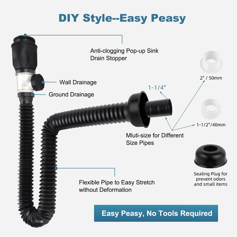 iFealClear Bathroom Sink Drain Kit, Flexible P-Trap Drain Pipe with Pop Up Stopper, Expandable Bathroom Sink Pipe Replacement with 2 Adapters, Fits 1-1/4'', 1-1/2'', 2" Holes, Hair Catcher, Black Matte Black Modern
