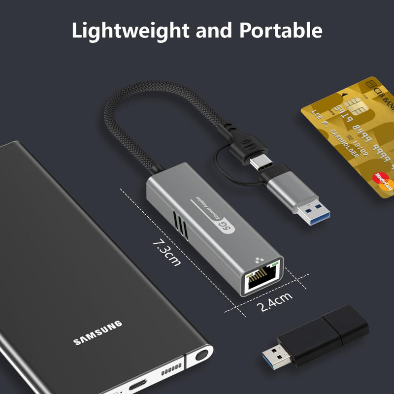 USB to Ethernet Adapter 5Gbps, Aluminum Driver Free USB-C to RJ45 5000Mbps Gigabit Ethernet LAN Network Adapter for iPhone 17/16,iPad,Galaxy,Switch,Laptop,PC, MacBook,Windows,MacOS,Linux 5Gbps USB-C/USB 3.0 to Ethernet Adapter
