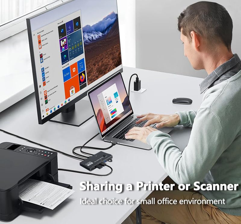 USB 3.0 Switch Selector,USB Switcher 2 Computers Sharing 3X Type A and 1x USB C Port Hub PC Mouse Keyboard Hard Drives Printer One Button Switch Adapter with Windows Mac Linux,3 Cable