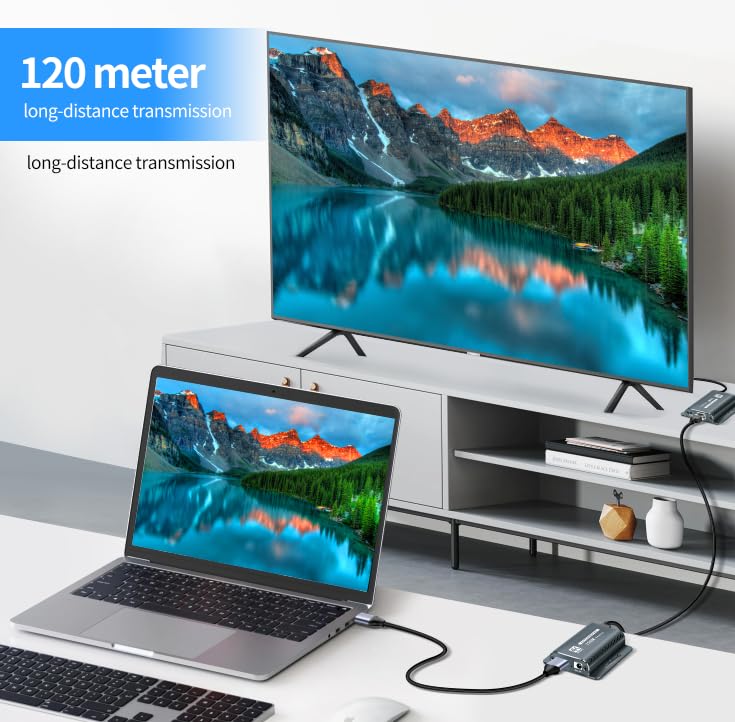 HDMI Extender 400FT/120M with POC 1080P@60Hz 3D HDMI Repeater HDMI to RJ45 to HDMI Extender Converter by UTP Cat5e/6/7 OFC Cable with 5V Power Adapter,Support EDID HD EXTENDER 120M