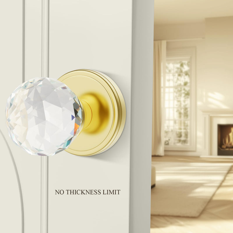 2 Pack Crystal Glass Dummy Door Knobs, Inactive Round Half-Dummy Door Knob Set, Single Side, Polished Brass Dummy 2 Pack