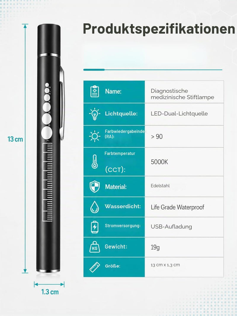 Pupil Light Emergency Service, Diagnostic Light Medicine with Measuring Scale, USB Rechargeable Pen Lamp with White and Yellow Dual Light, for Doctor Nursing