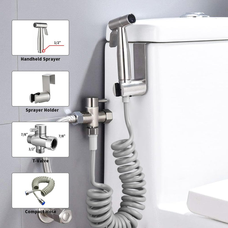 Handheld Bidet Sprayer for Toilet Kit,Adjustable Water Pressure,Stainless Steel Diaper Sprayer Set,Hand Held Head for Personal Hygiene and Pets Cleaning with Retractable Spring Hose and Holder