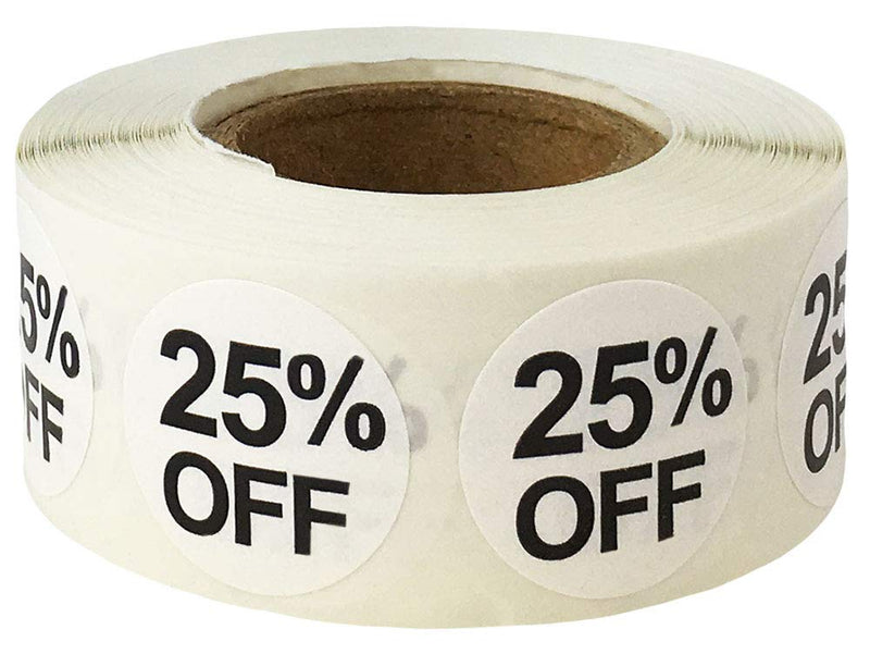 White 25% Percent Off Stickers for Retail – 3/4 Inch Round, 500 Semi-Gloss Adhesive Labels Per Roll for Promotions, Discounts, Sales, and Clearance – Made in The USA