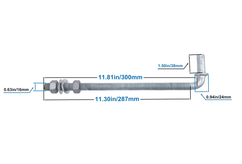 J-Bolt Post Hinge with 5/8" Hinge Pin Galvanized Post Gate Hinge for Chain Link Fence, Washers & Nuts Included (12" (4 Pcs)) 12" (4 Pcs)