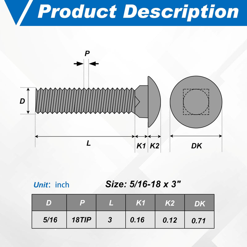 Zonon 25 Sets 5/16-18 x 3" Stainless Steel Carriage Bolts and Nuts Kit Round Head Square Neck Carriage Bolts Screws and Hex Nuts and Flat Washers, Stainless 18-8 Full Thread Coverage (Silver) 5/16-18 x 3" Silver
