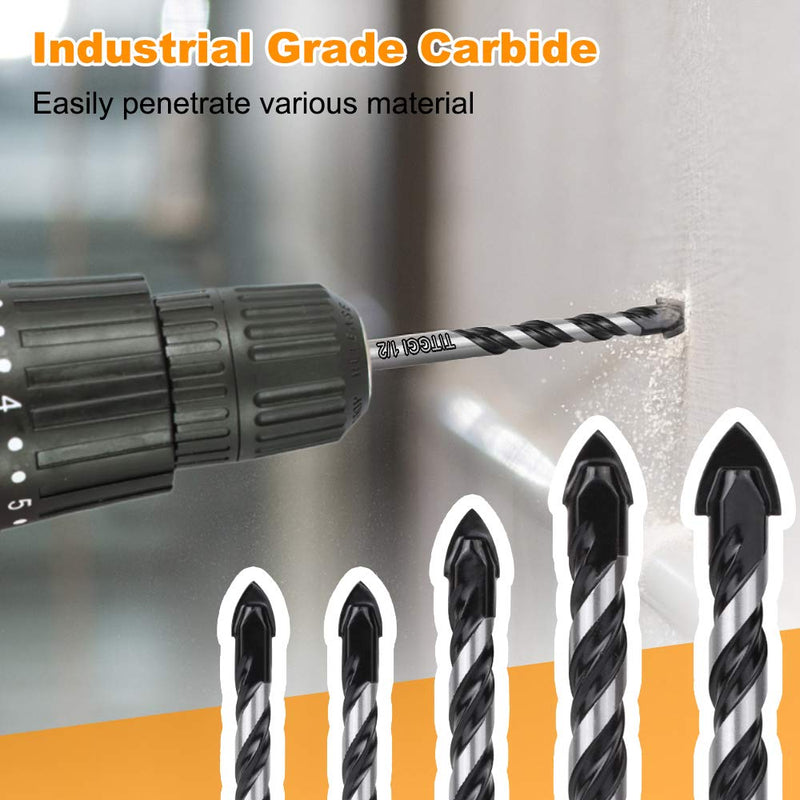 TITGGI Professional Tile and Glass Drill Bit Set, 5 Pieces, for Drilling Tiles, Glass, Ceramic, Porcelain, Wood, Mirrors and Masonry, 6–12 mm | For Tiles, Ceramics, Glass, Cement & Brick, Carbide Tip, Double U Groove, 3 Face Shank, Bathroom & Kitchen, ...