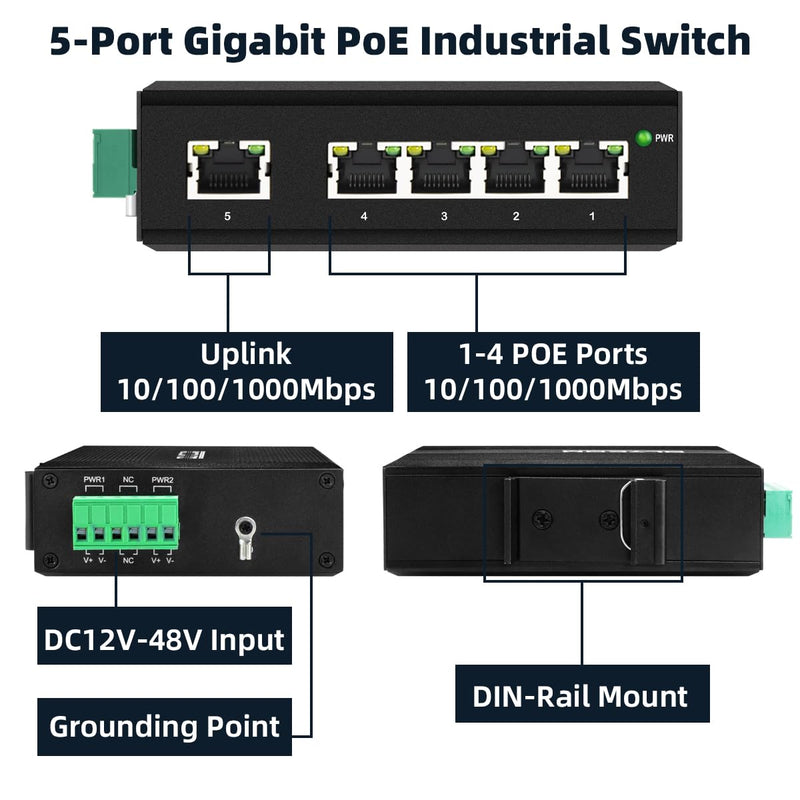 Industrial 5 Ports Gigabit POE+ Network Switch with DC12V-48V Input and DC48V IEEE802.3af/at 30W POE Output 120W Total for Solar Power/Truck/VoIP Systems/CCTV Security System 5port POE Gigabit Switch