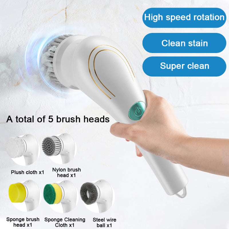 Cordless Electric Spin Cleaning Power Scrubber with 5 Replaceable Brush Heads，Handheld Shower Scrubber for Bathtub, Floor, Wall, Tile, Toilet, Window, Sink (White) White