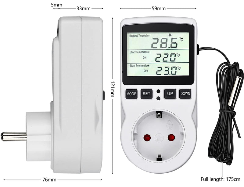 Temperature Controller 230V Digital Thermostat Socket Plug Thermostat with Sensor Timer Switch Temperature Socket Heating Cooling for Greenhouse Electric Blanket Water Tank