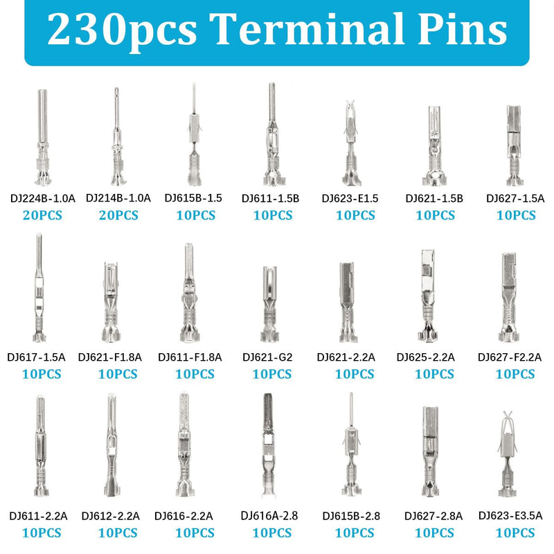 230Pcs Pin Connector Kit Car Electrical Wire Terminal Tool kit 1/1.5/1.8/2.2/2.8/3.5mm Connector Pins Terminal Removal Male Female Crimp Pins Non-Insulated Plug