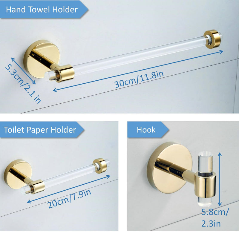 Gold Bathroom Hardware Accessories Set - Acrylic Hand Towel Holder Toilet Paper Holder Towel Hook - Wall Mounted Bath Towel Bar Set 3 Pieces SHUNLI 3-Piece