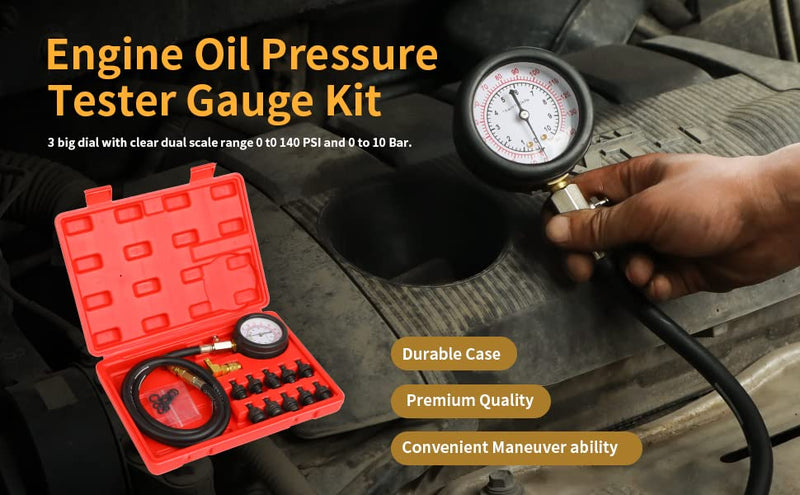 Oil Pressure Tester Tool, Oil Pressure Gauge kit, 0-140 PSI PressureTestDiagnostic Tools, Engine Oil Pressure Tester Tool kit, for car Truck red-1