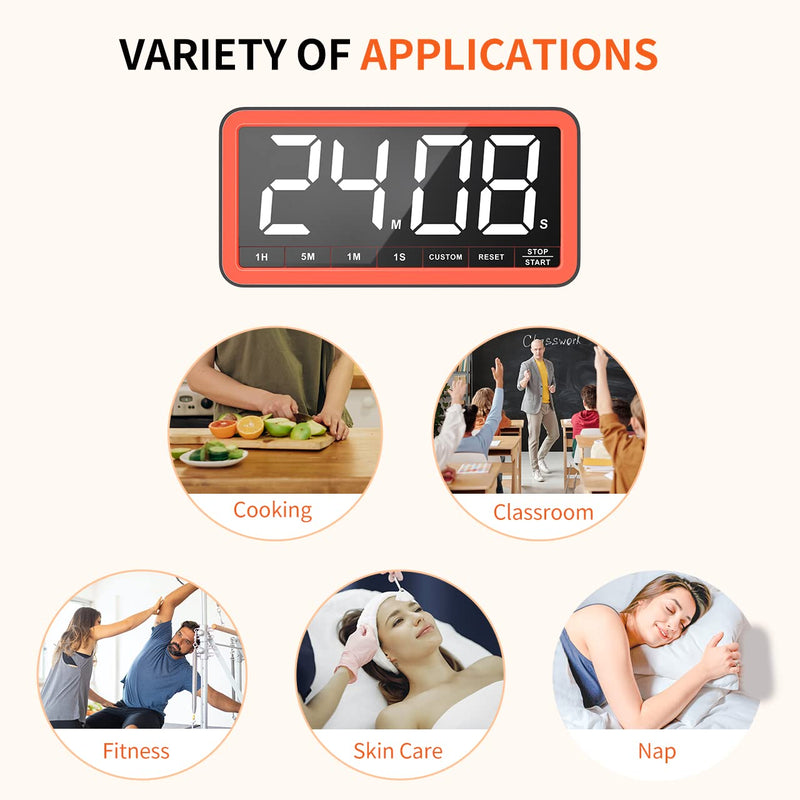 VOCOO Digital Kitchen Timer with 7.8” Extra Large Display, Magnetic LED, with 3 Brightness, 4 Alarms and 3 Volume Levels, Battery Powered Countdown Count Up Timer for Cooking, Classroom, Home Gym Black Red