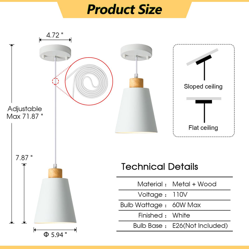 White Pendant Light Kitchen Island Wood Pendant Lighting Mini Modern Hanging Light Small Pendant Light Fixture for Dining Room,Bar,Bedroom,Adjustable Cord,5.94 inch,1 PCS White 1 PACK