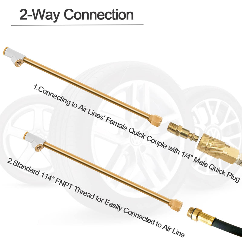 GODESON Air Chuck for Semi Truck, 1/4" FNPT 11.8" Extended Reach Dual Head Brass Air Chuck with Brass Quick Plug, 2-Way Connect Air Chuck for Semi, RV Dually Tires 11.8" Dual Head