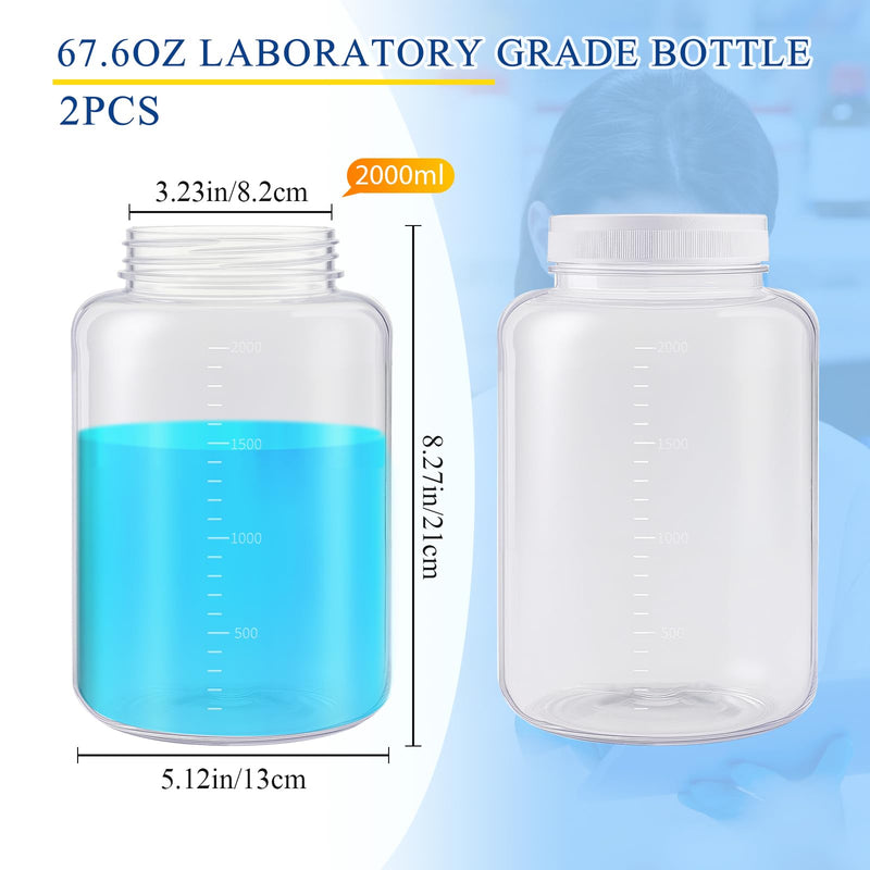 Tatuo 2 Pcs 64 oz 2000ml Polyethylene Reagent Bottle Plastic Sample Bottles with Screw Caps Translucent PE Sample Containers with Lid for Liquids, Laboratory, Storage at Home (Translucent)