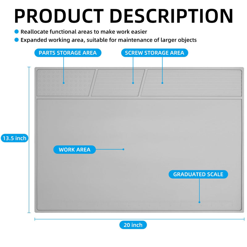 Soldering Mat Large Grey Silicone Electronics Repair Work Mat Heat Resistant 932℉ Solder Mat for Soldering Station Laptop Watch Cellphone Computer,Size 20 * 13.5 in Gray 180 XL
