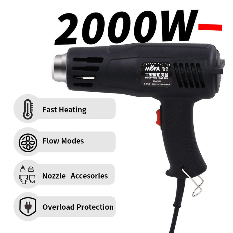 Hot air guns, mofa heat guns 2000W with 2 temperature settings 150°C to 550°C (302°F ~ 1022°F), 4.6ft long cable with 2 nozzles as overload protection for the process (MJ12) Mj12
