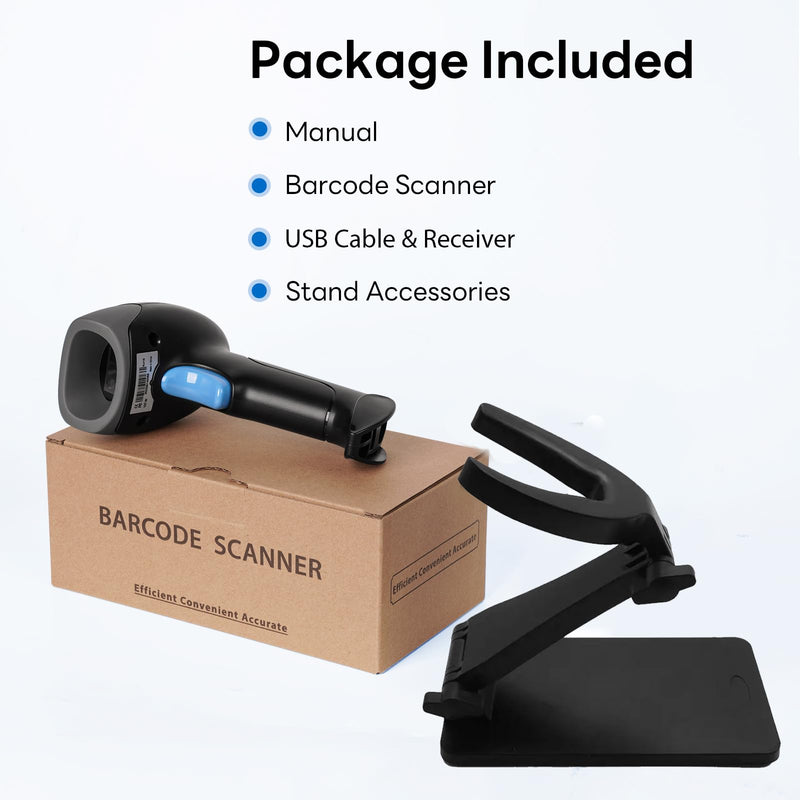 QR Code Scanner with Foldable Stand, 1D 2D Barcode Scanner 2.4G Wireless & USB Wired Connection, Handheld CMOS Image Bar Code Reader for Warehouse Library Supermarket